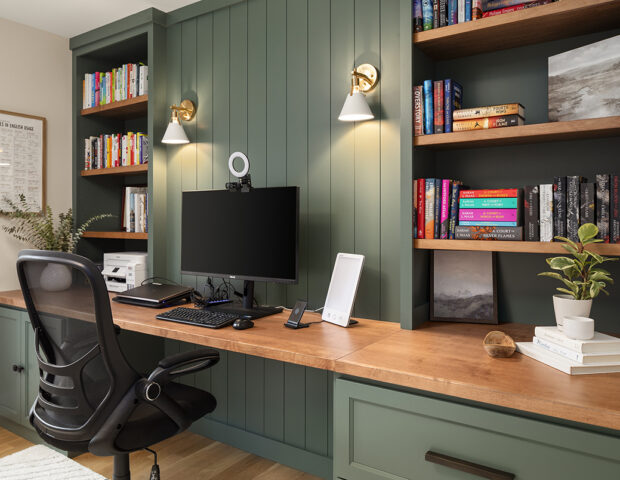 Home Office with green accent cabinetry and focus wall.