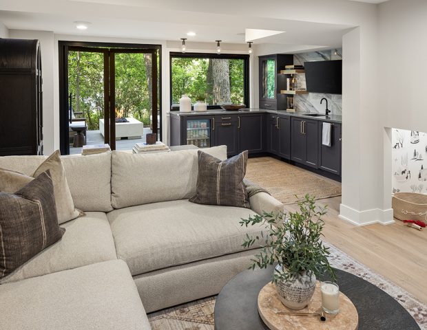 Lower level family room with small dog nook.