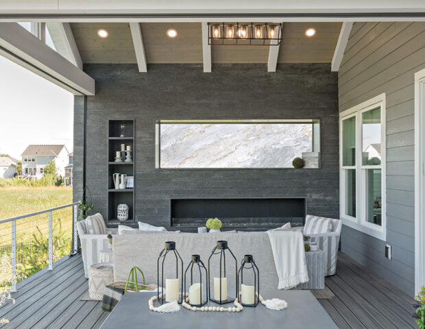 Upper level deck with fireplace and phantom screens