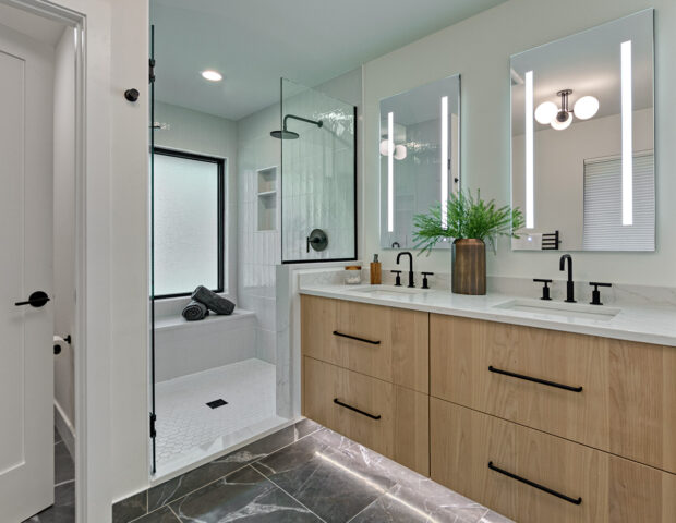 Master bathroom with alder cabinets and double vanity
