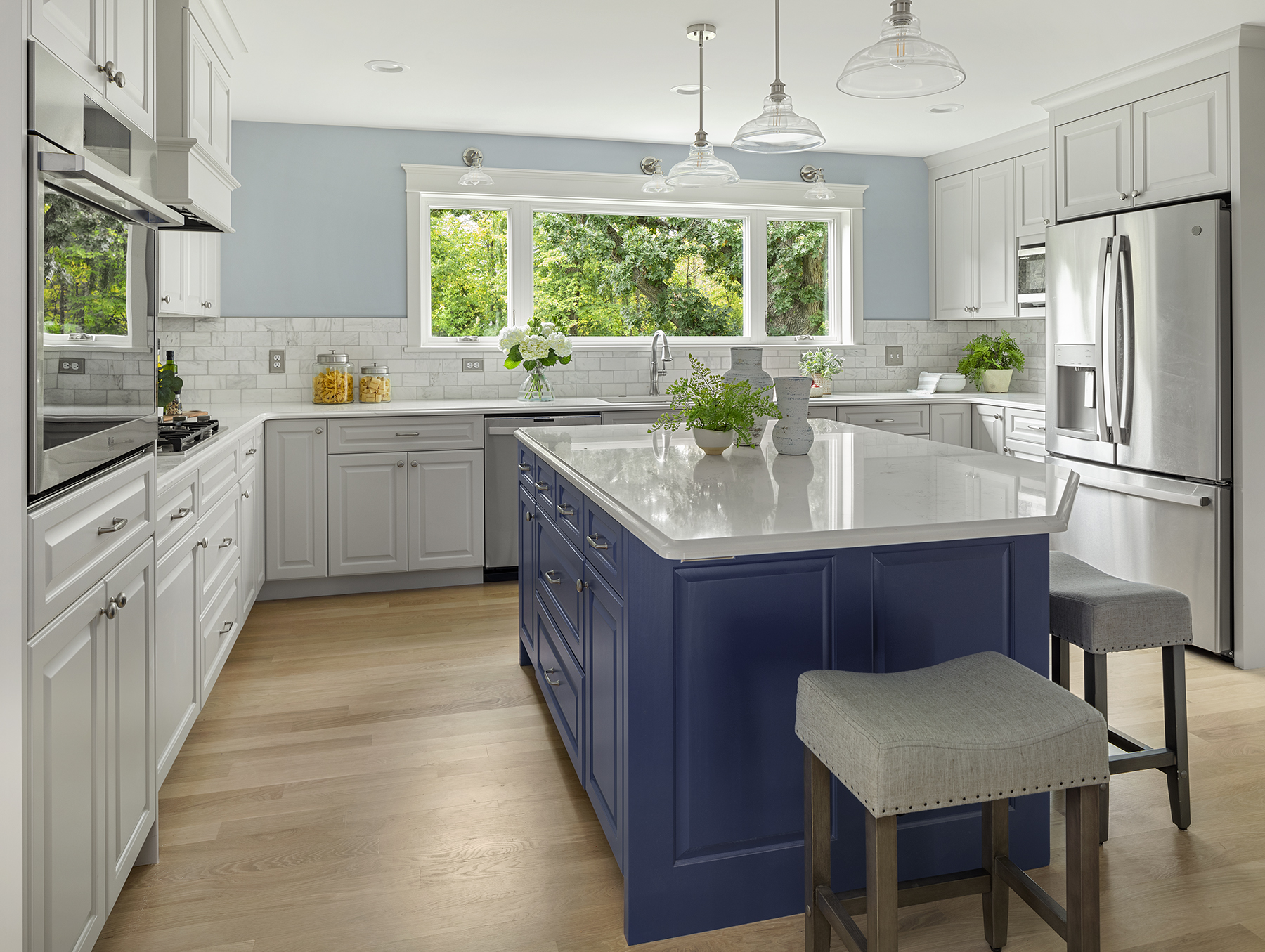 Boyer Building white kitchen and blue island