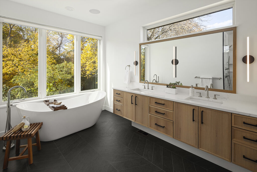 Custom white oak vanity with dual sinks