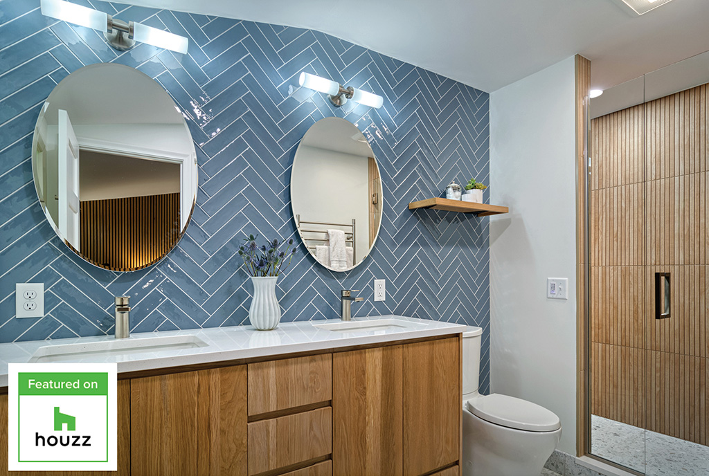 Boyer Building's remodeled bathroom and its midcentury modern bathroom is picked up as a Houzz feature. 