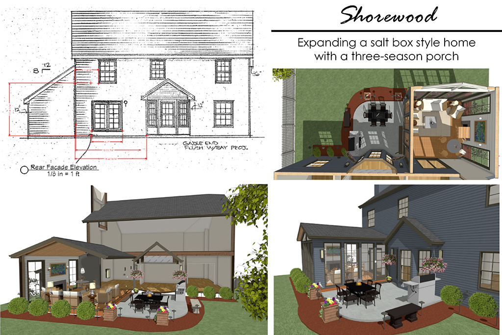Boyer Building of Minnetonka showcases their plans of adding a three-season porch to an existing salt box style home.