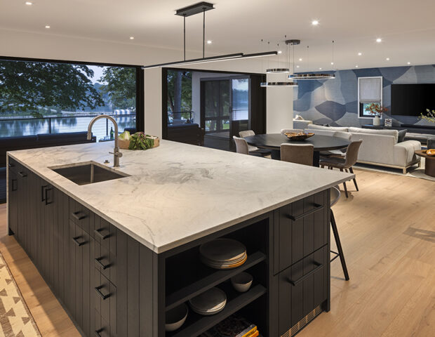 Kitchen island to great room in St Albans Bay Lake Minnetonka Boyer Building Remodel