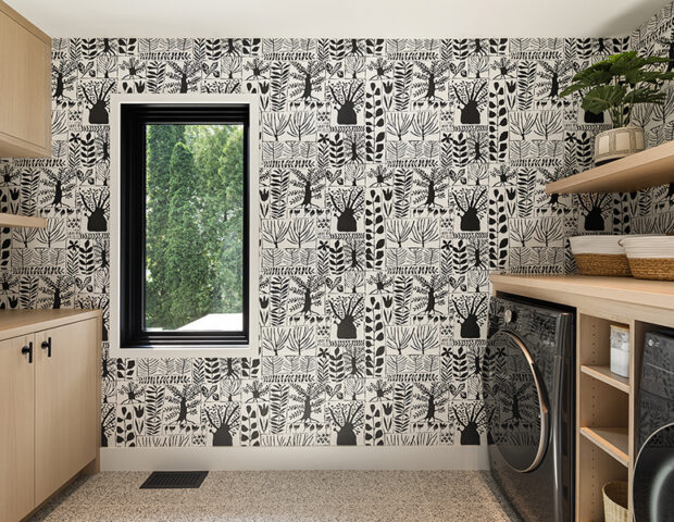 Black and cream wallpaper in modern St Albans Bay Lake Minnetonka Boyer Building Remodel