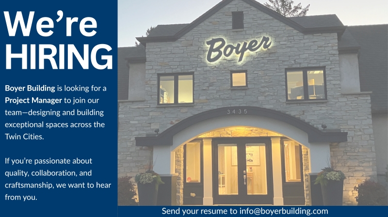 Boyer Building is Hiring.  We are looking for Project Manager with Build experience.