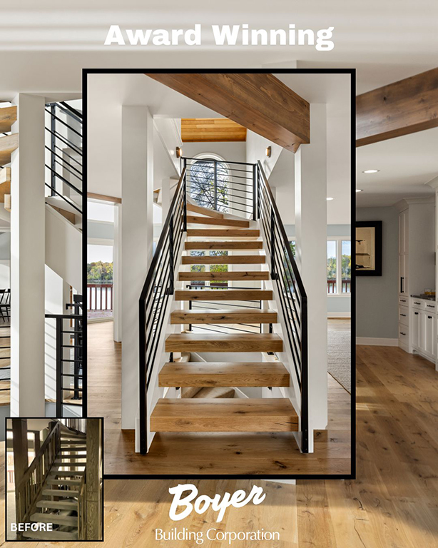 Award winning staircase by Boyer Building, showing the transformation from before to the beautiful after.