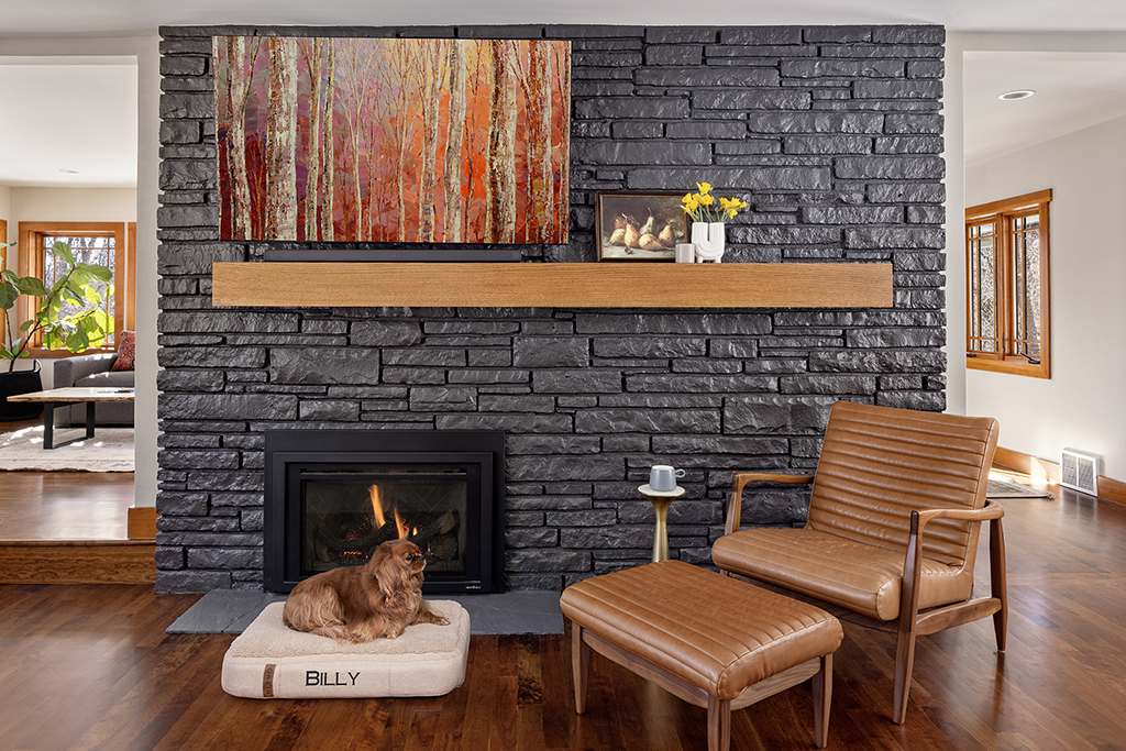 Billy the dog sits in front of a contemporary fireplace enjoying the last cozy days of winter - after a fantastic kitchen remodel. 