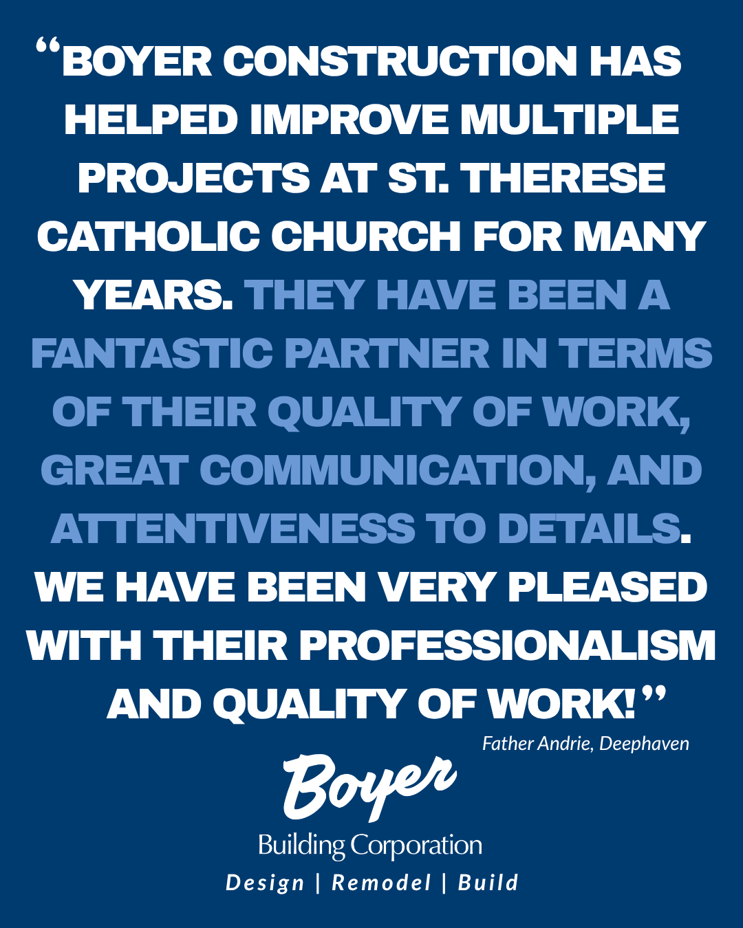 Great review from Father at St. Therese Catholic Church in Deephaven