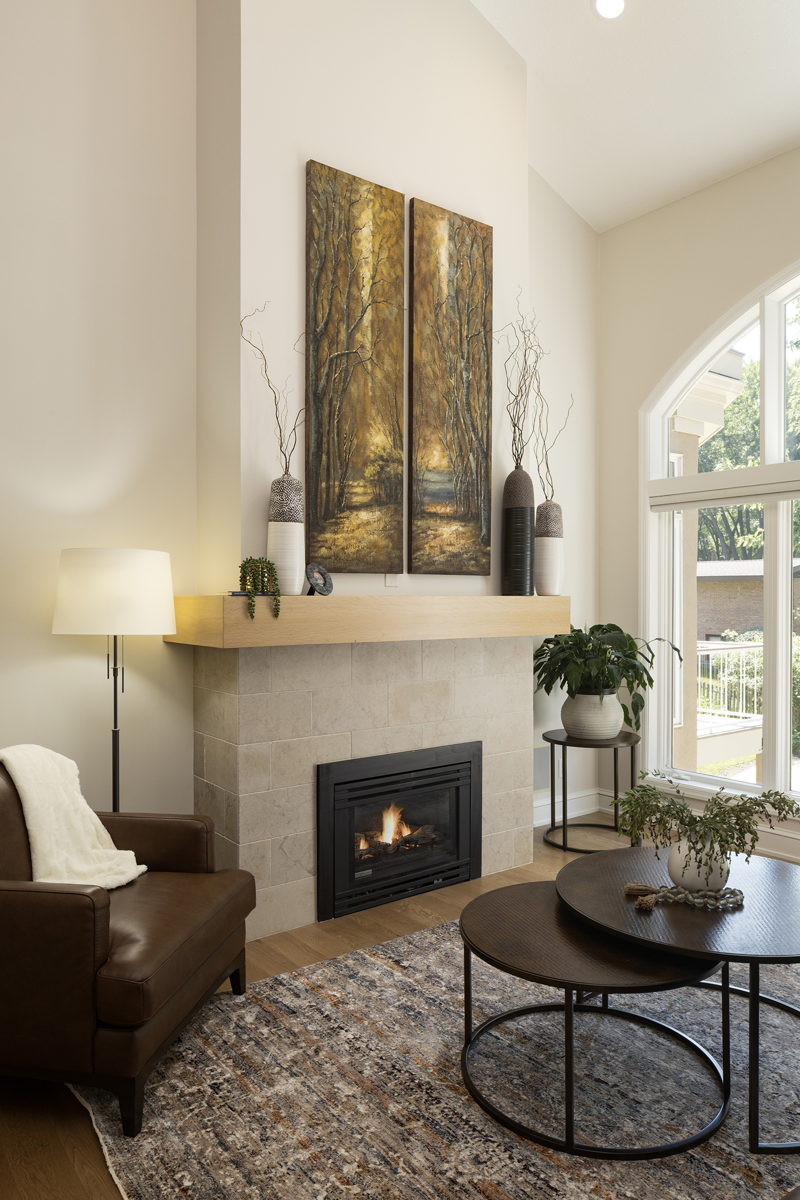 new fireplace surround with limestone