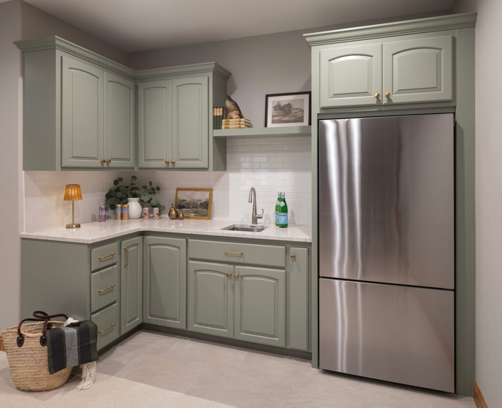 After kitchenette in LL with green cabinets and new layout