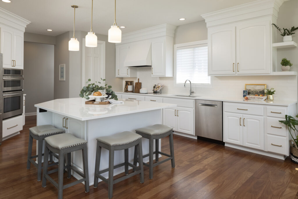 Eden Prairie Kitchen with new white countertop, refresh cabinets and subway white tile