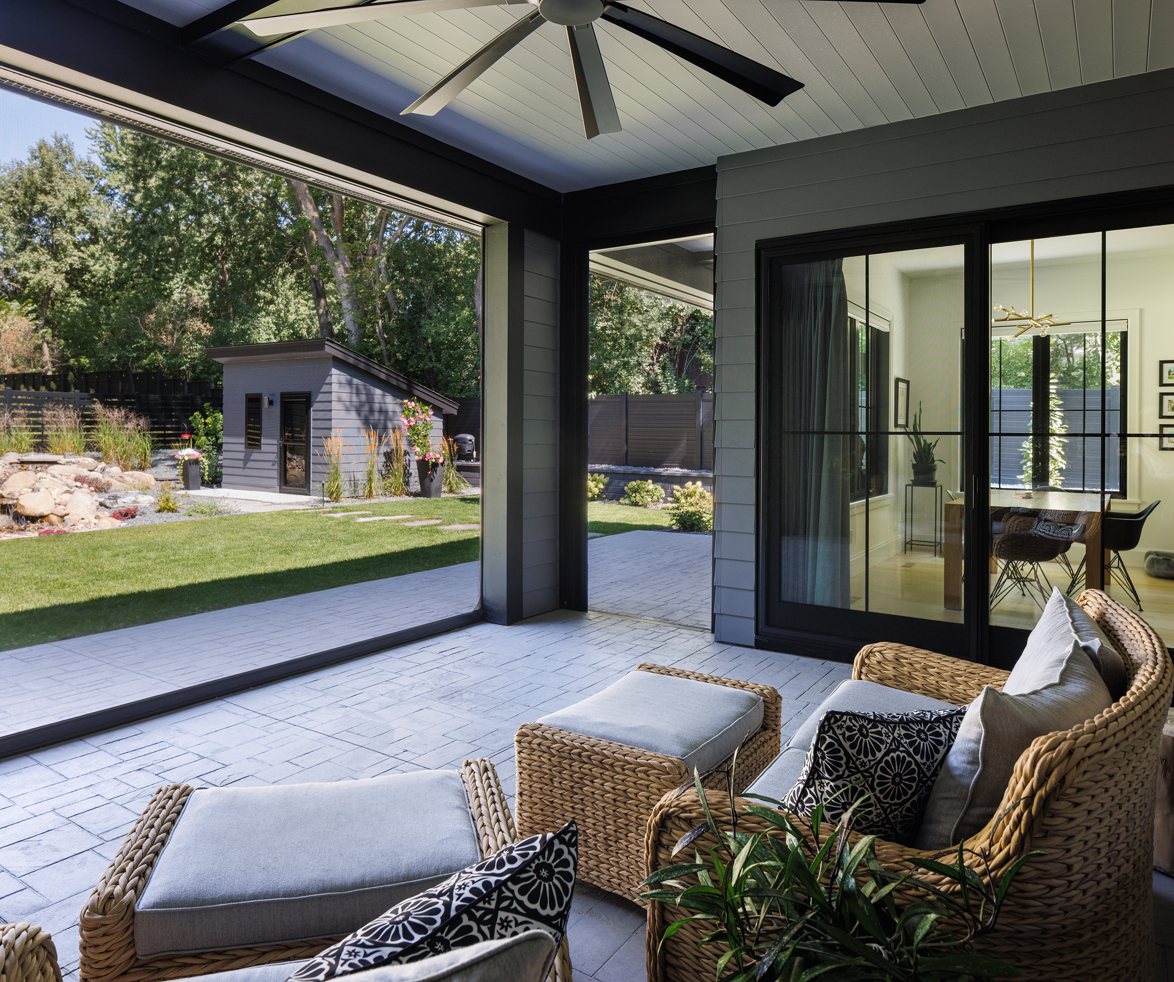 Exterior from screened porch with ceramic tile floor. Screens by Phantom Screens.