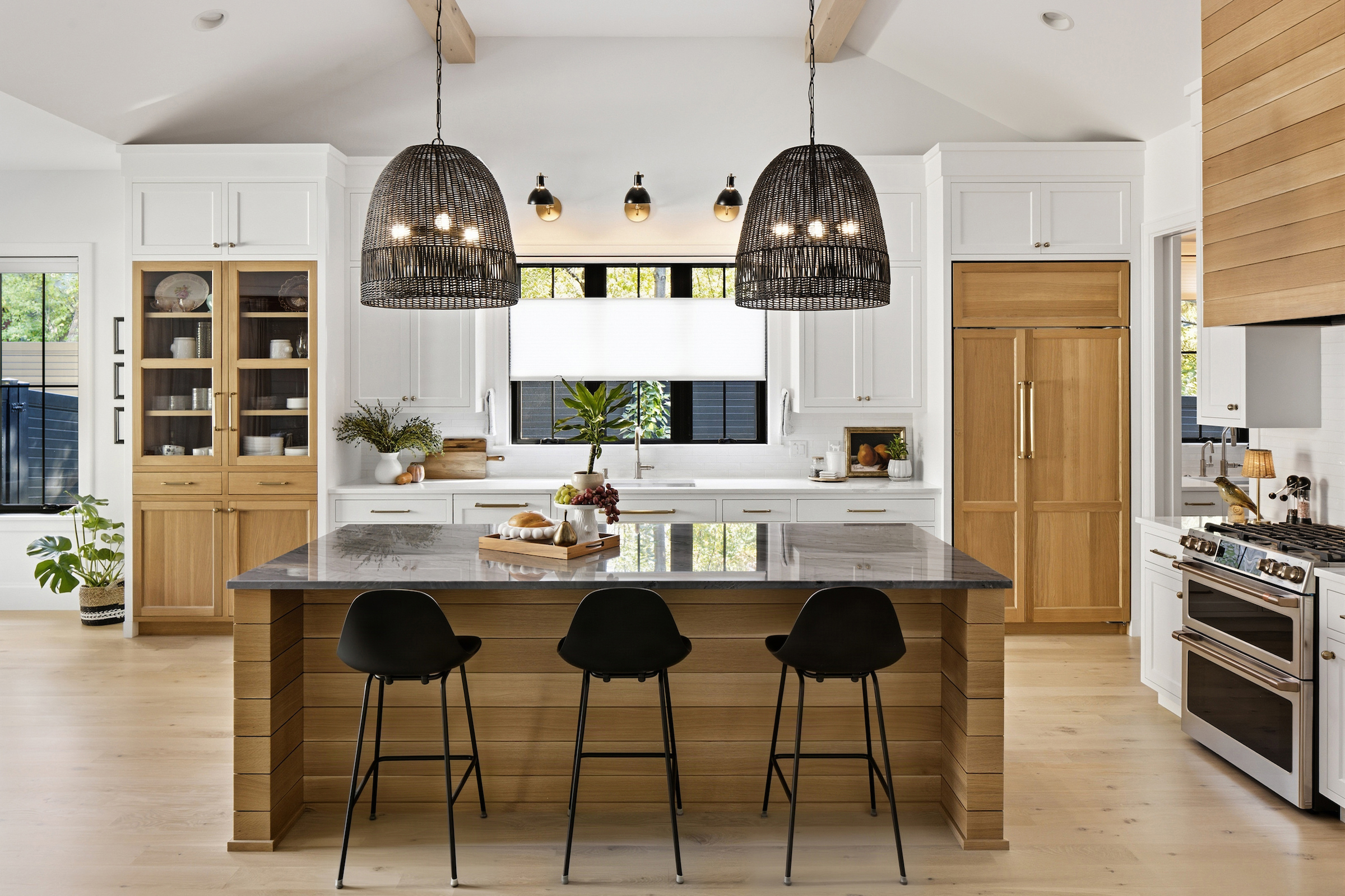 Plymouth new build kitchen with white oak floor, cabinets, hood.